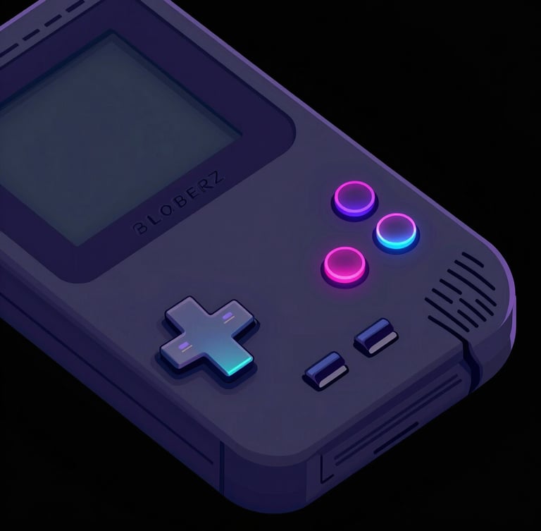 Sharp vector illustration of a retro handheld gaming console with neon glowing buttons, high contrast dark mode aesthetic, clean lines