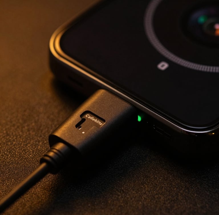 Extreme close-up of a Cellebrite hardware adapter connected to a dark smartphone, low-key dramatic lighting with sharp amber key lights, high contrast, 35mm lens.