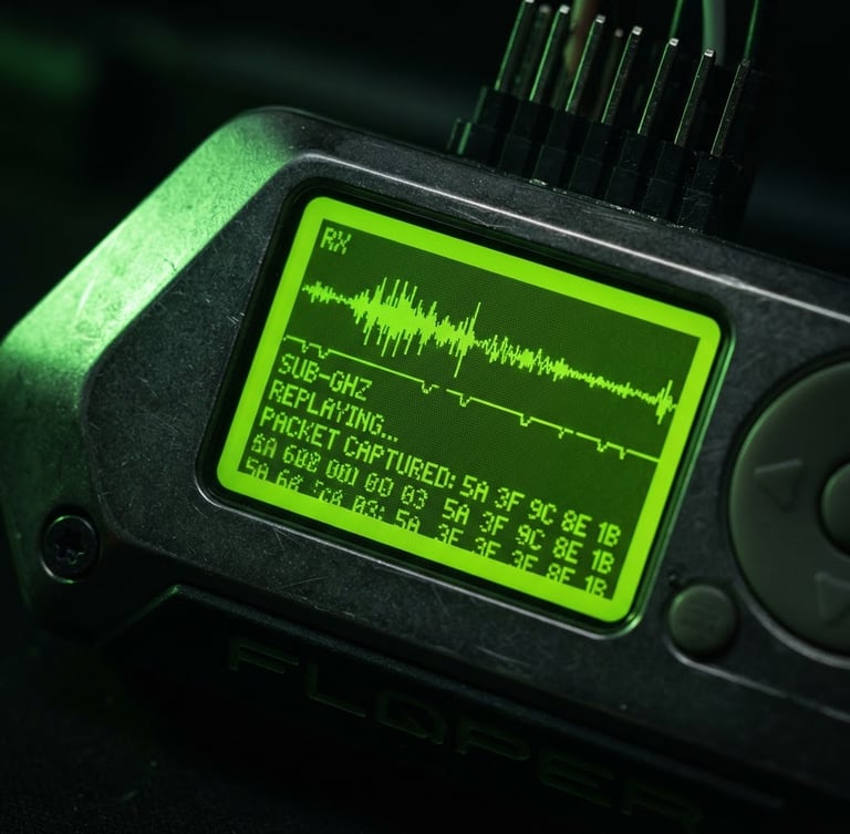 Extreme macro shot of a Flipper Zero screen executing a sub-GHz replay attack, sharp neon green key light casting across dark metallic casing, high contrast, 35mm lens.