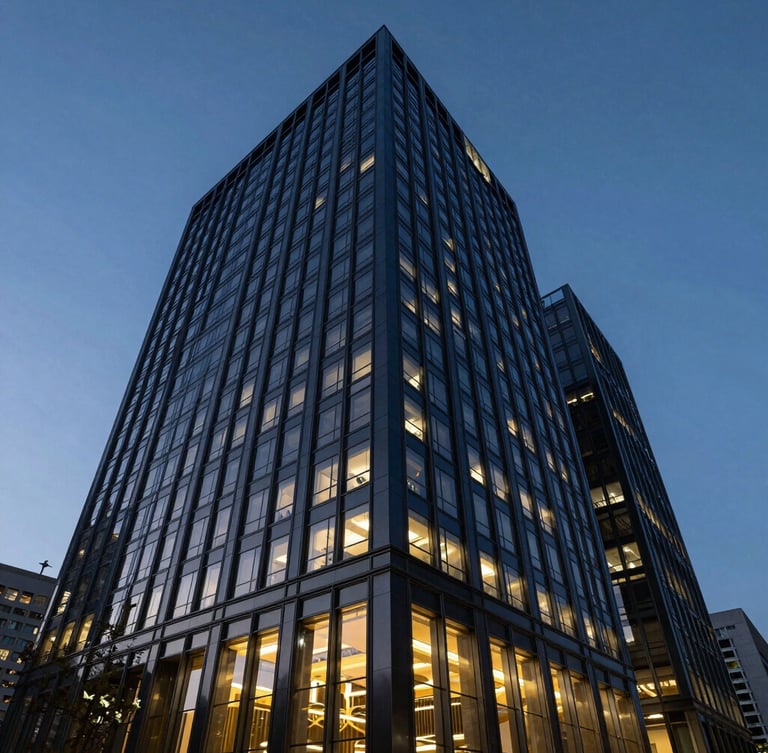 Low-angle architectural photograph of a premium corporate headquarters, dramatic twilight blue hour lighting, deep navy and gold tones, sharp wide-angle lens