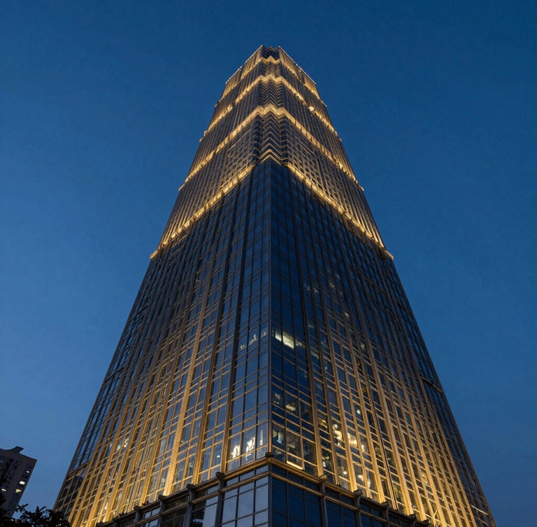 Low-angle architectural photograph of a modern luxury skyscraper at twilight, gold lighting accents on a glass facade, deep blue hour sky, wide-angle lens.