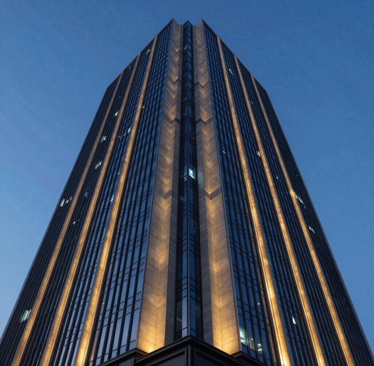 Low-angle wide shot of a modern high-rise building intersecting with clean, geometric blue and gold light beams, representing the merger of physical and digital infrastructure, twilight hour