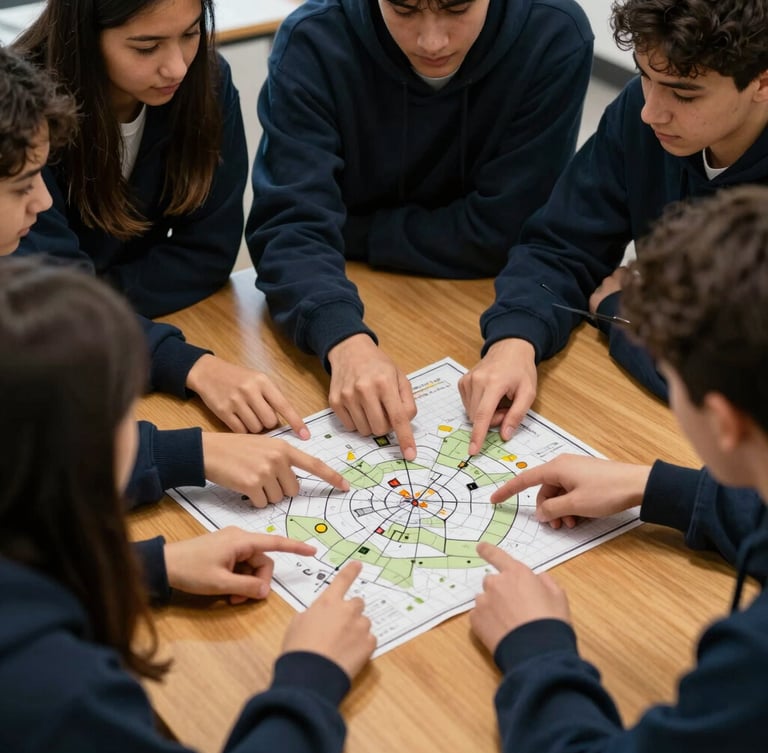 A medium-close action shot of diverse high school students collaborating around a wooden table, hands pointing at a tactical strategy map, natural high-contrast light, deep navy and warm gold tones