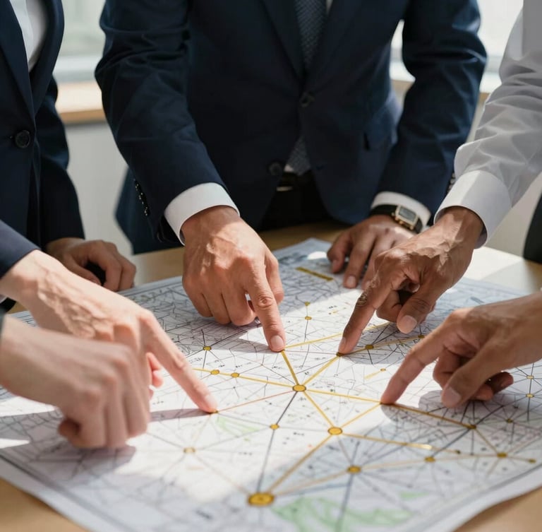 Close-up of diverse professional team collaborating over a tactical map, hands pointing at strategy lines, high-contrast natural light, warm gold accents, 35mm lens