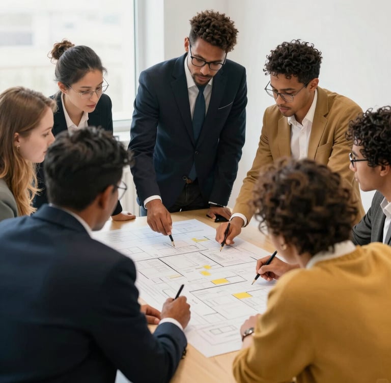 A medium-close action shot of a diverse team collaborating over a strategy board in high-contrast natural light, deep navy and warm gold tones, editorial documentary style.