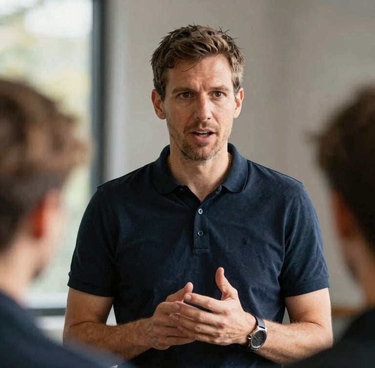 A close-up documentary portrait of Christopher Zebert, an experienced leadership coach, speaking with authority during an active team simulation, natural high-contrast light, warm gold undertones, 35mm lens