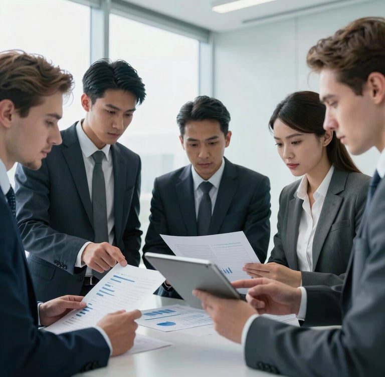 Close-up of a diverse group of executives reviewing financial documents on a sleek tablet in a modern office, sharp focus, cool lighting, professional editorial style