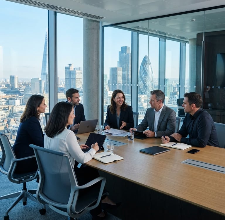 Professional business team meeting in a modern London office boardroom with a city skyline view.