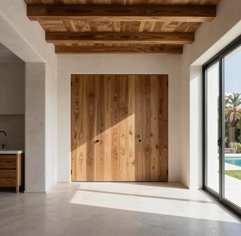 Sophisticated high-contrast interior design of a newly renovated Spanish villa, soft architectural lighting highlighting oak wood and microcement, sharp focus, 35mm