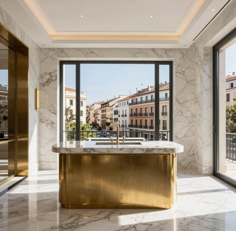Wide-angle architectural photograph of a luxury Madrid apartment interior, bright natural Mediterranean daylight, premium marble and brushed brass details, sharp focus, 35mm