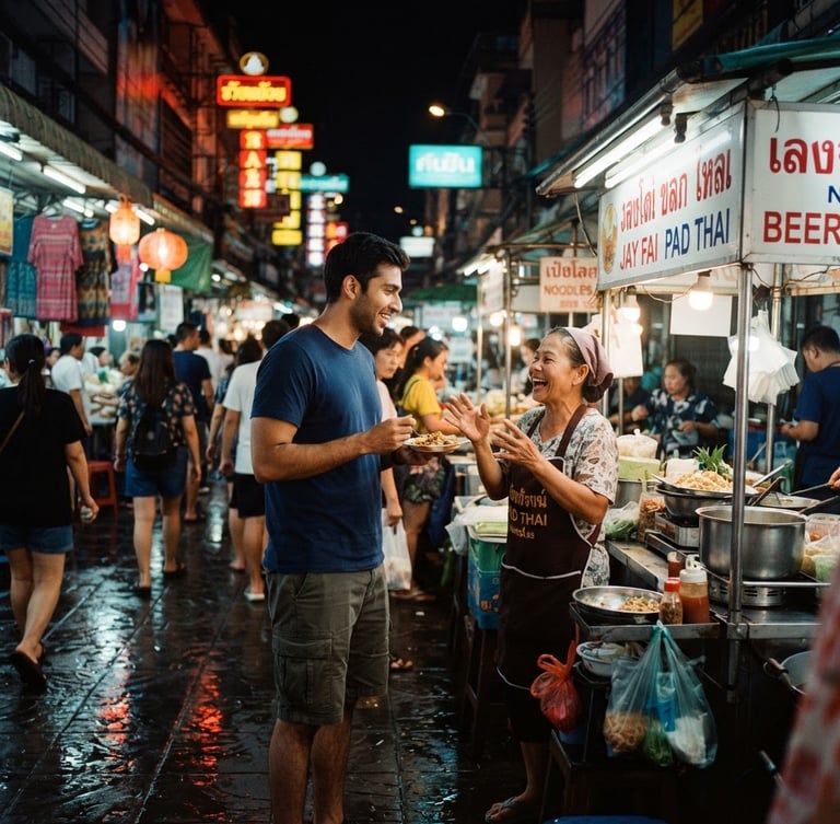 Wide panoramic shot of Karan, mid-conversation with a local, in a vibrant night market alley in Southeast Asia, neon lights reflecting on wet pavement, candid documentary style, natural daylight, warm tones, 35mm film grain, editorial travel style