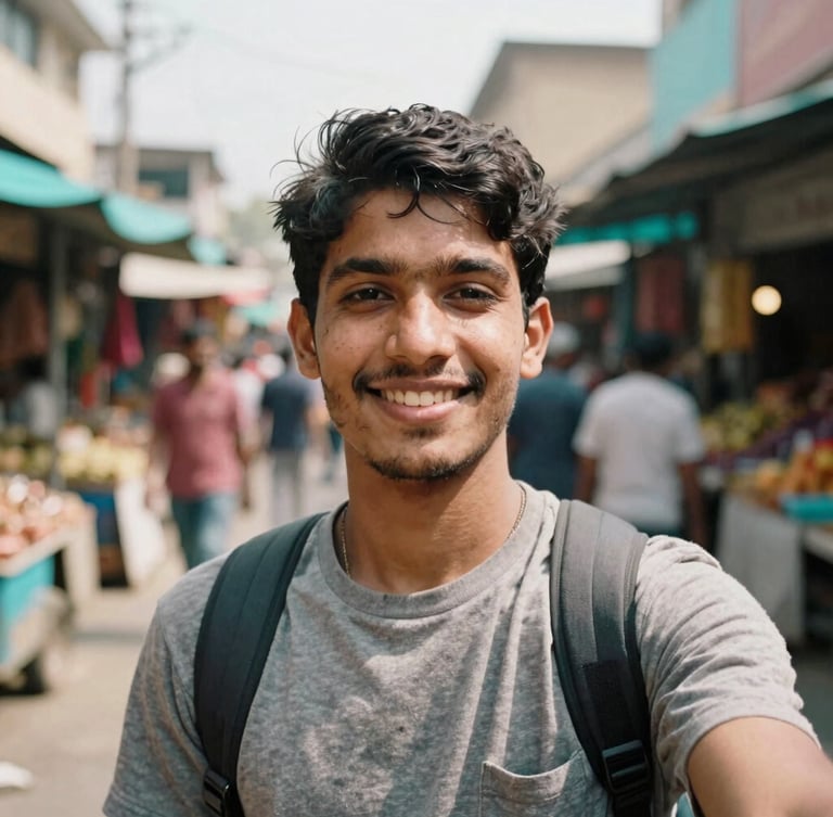 Candid portrait of Karan, a young male traveler, smiling genuinely amidst a vibrant street market, natural daylight, warm tones, 35mm film grain, first-person framing