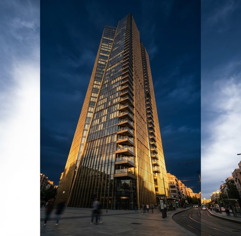 Low-angle architectural photography of a modern luxury high-rise building in Madrid, sharp golden-hour light reflecting off glass and brass, deep navy sky, editorial 35mm.