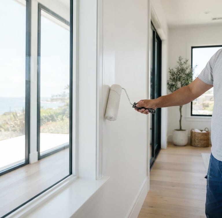 Wide shot of a pristine interior wall being meticulously finished with a roller, bright natural coastal daylight streaming through large windows, sharp focus on the clean paint line against the trim.