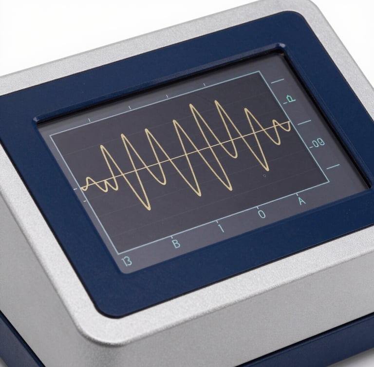 Close-up of a calibration device screen showing technical wave patterns, metallic aesthetic machine chassis, navy blue reflections