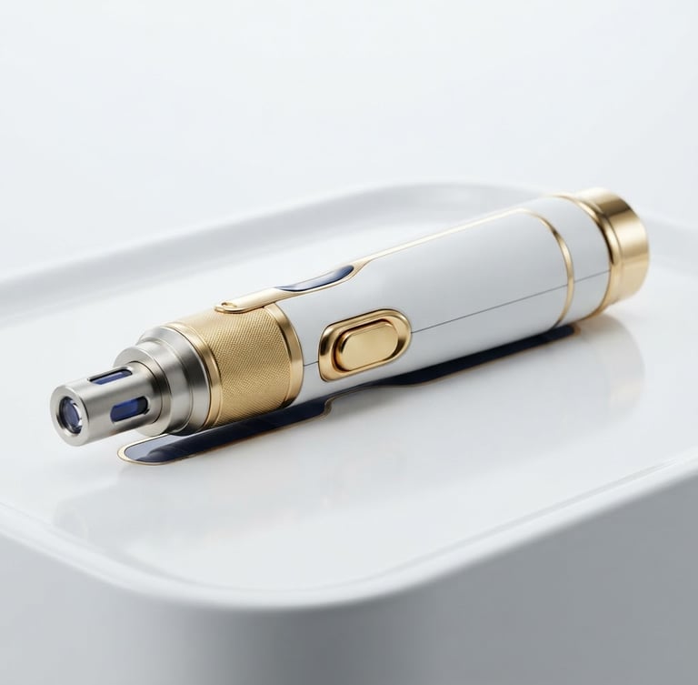 Macro studio shot of a sleek aesthetic laser handpiece with gold accents, resting on a clean white medical-grade surface, bright clinical lighting, 8k