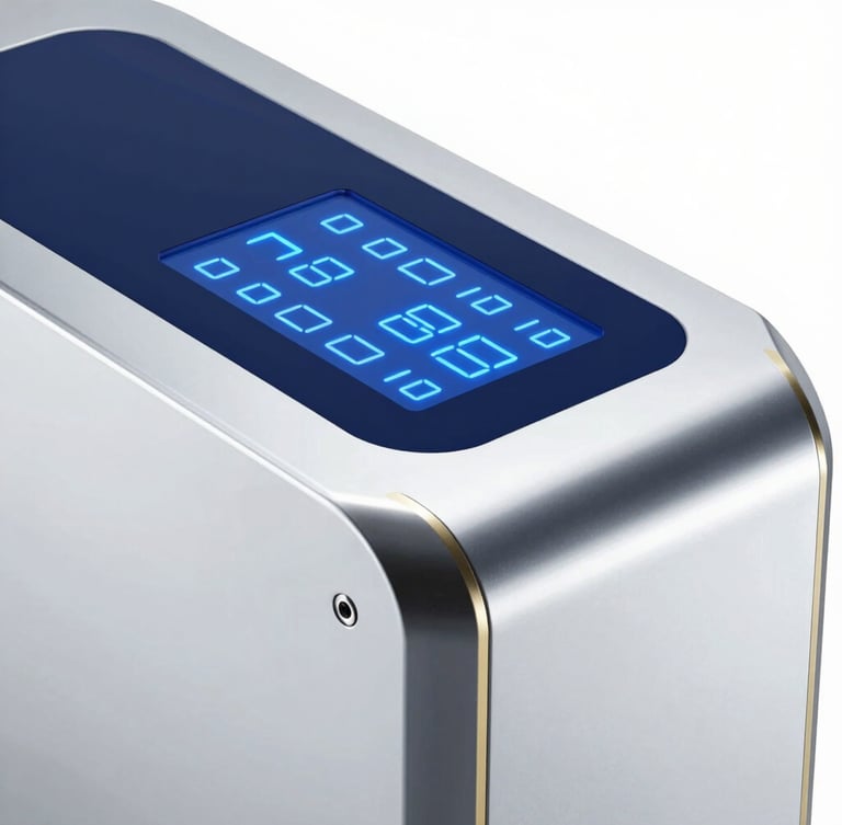 Detailed close-up of an aesthetic machine chassis, showing polished metallic edges, clean geometric lines, and a glowing digital interface under soft clinical blue light
