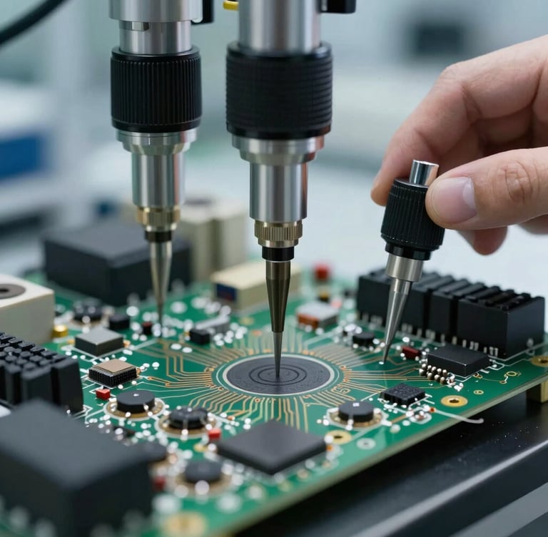 Close-up of technical diagnostic probes testing a complex industrial circuit board in a specialized laboratory, sharp focus, technical cold lighting.