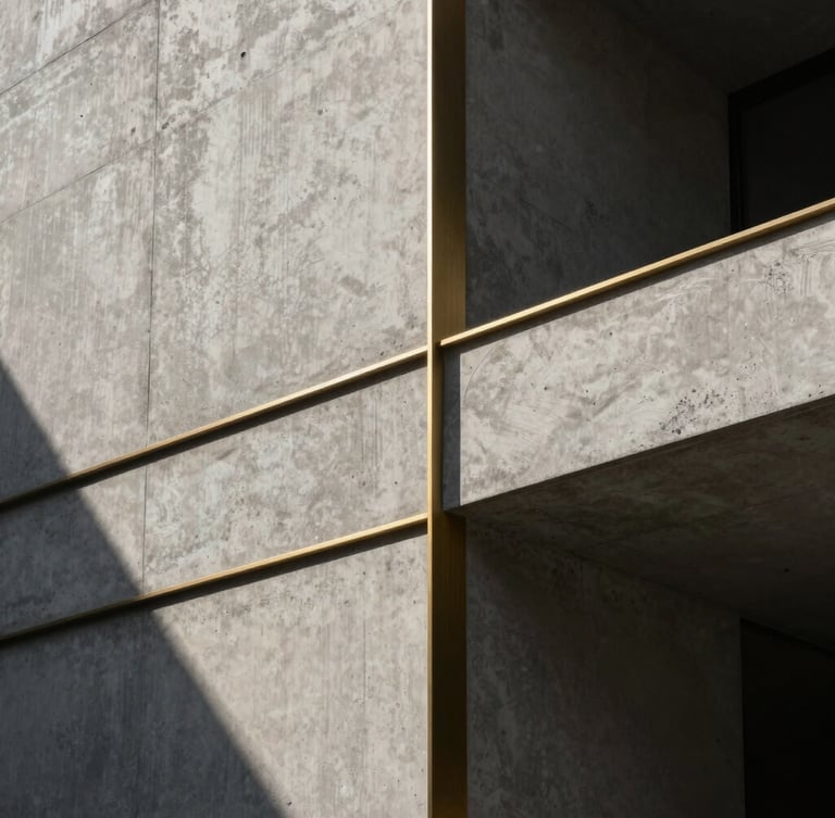Minimalist concrete structure with brushed brass geometric lines, dramatic chiaroscuro lighting, deep shadows, high-end architectural texture