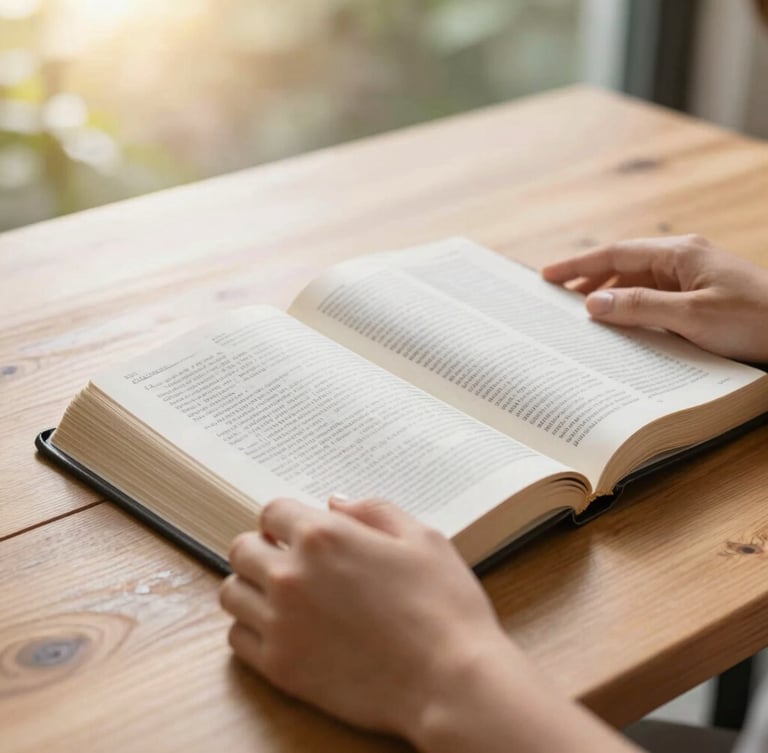 Close-up of hands holding an open Bible on a wooden table, soft sun flares, warm editorial photography, natural daylight.