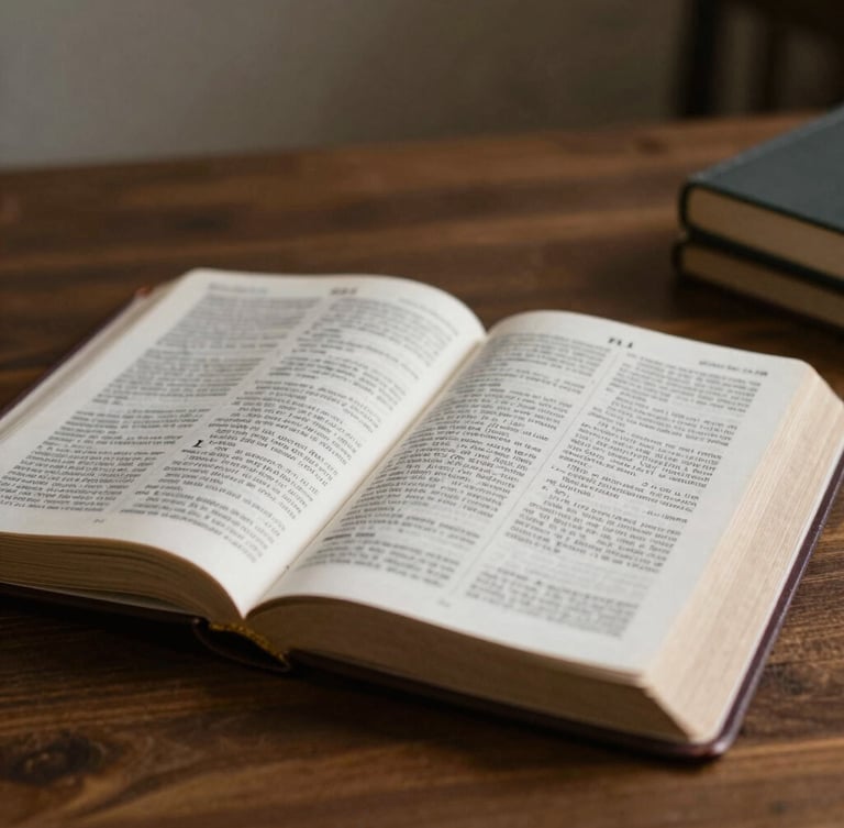A warm, natural light photograph of hands holding a well-worn Bible on a rustic wooden table, soft focus, authentic community feel