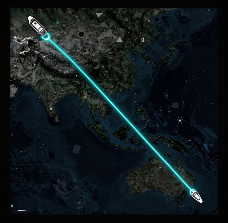High-contrast telemetry screen showing vessel route optimized with glowing cyan lines over dark bathymetric ocean map.