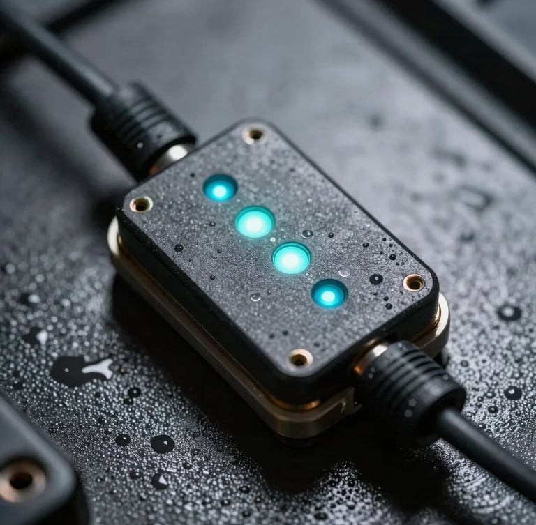 Macro close-up of a ruggedized marine telemetry sensor node, glowing cyan LED indicators, thick black cabling, wet metallic surface, low-key high-contrast lighting.