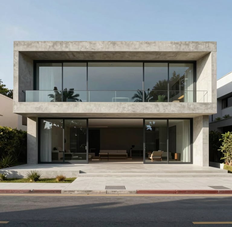 Wide panoramic straight-on architectural elevation of a luxury concrete and glass villa in Condomínio Península, bright natural daylight casting soft shadows, minimal clean composition.