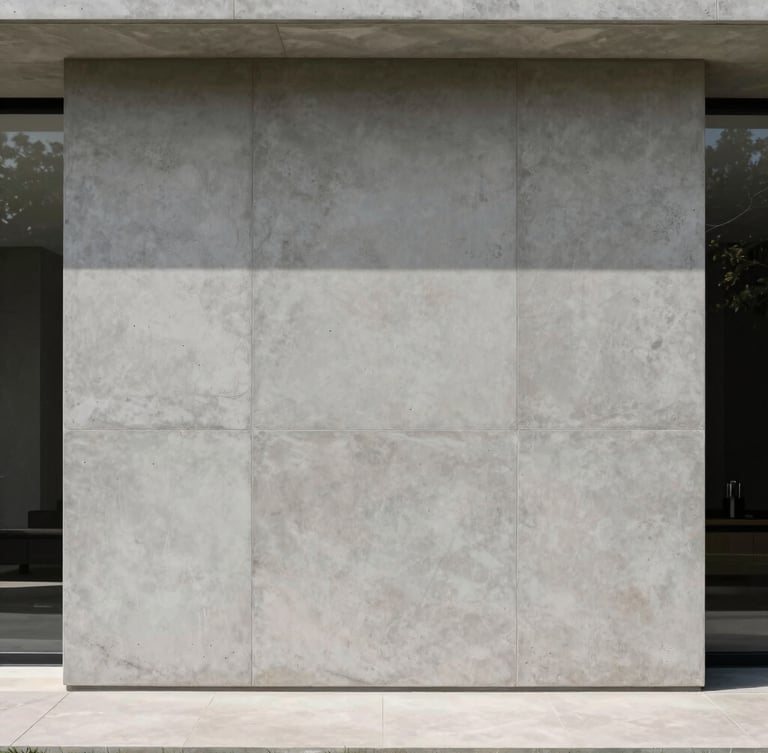 Straight-on architectural elevation of a minimalist luxury residence interior in Condominio Peninsula, showcasing a large feature wall with flawless gray burnt concrete texture under soft, natural daylight.