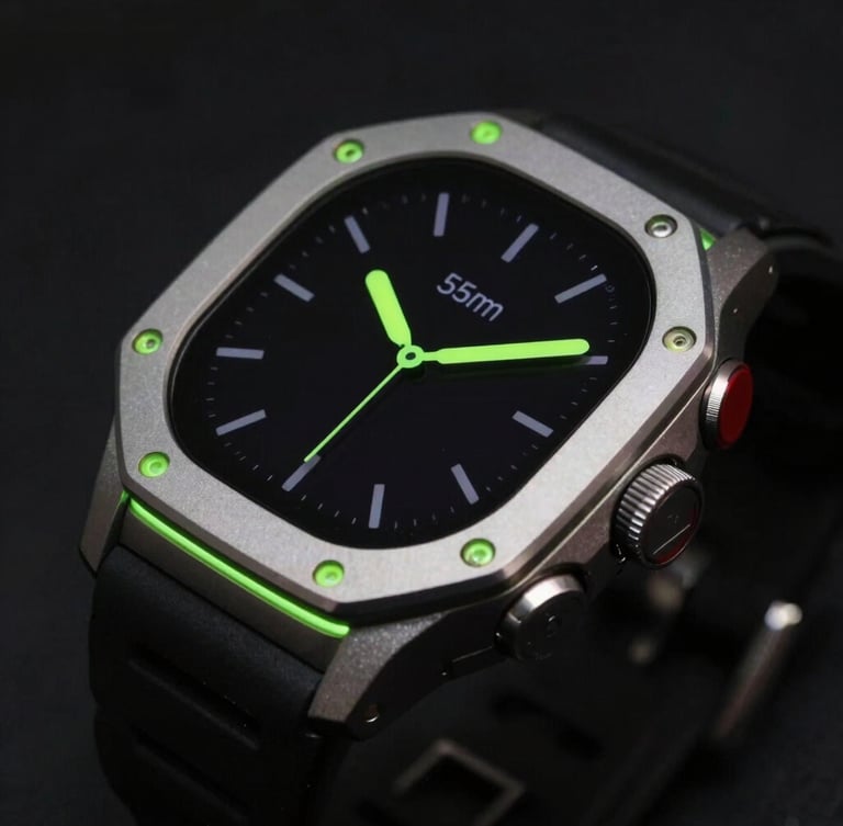 Exploded technical view of a rugged smartwatch alloy casing, sharp macro details, neon green accent glows, dark low-key background, 35mm
