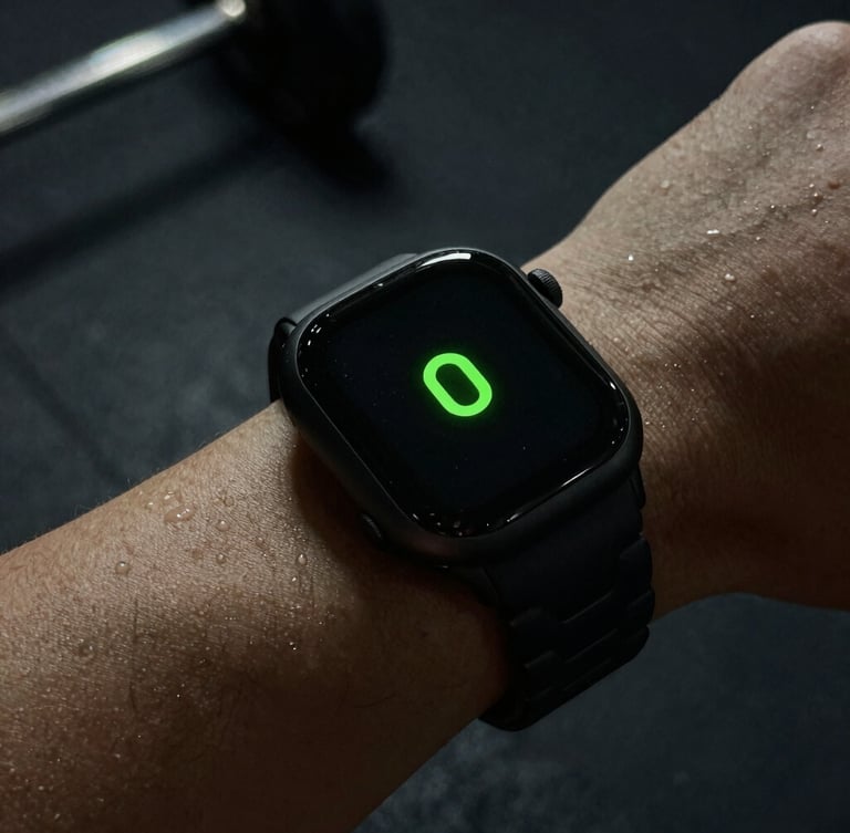 Macro close-up of a sweat-beaded wrist wearing a rugged black alloy smartwatch, optical sensor array glowing bright neon green against dark gym background, dramatic side-lighting, 35mm