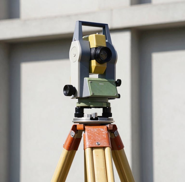 Sharp macro photograph of a high-precision surveying theodolite on a tripod, bright daylight, deep navy and gold reflections on the metallic chassis, clean concrete architectural lines in the background, high contrast, 35mm lens.