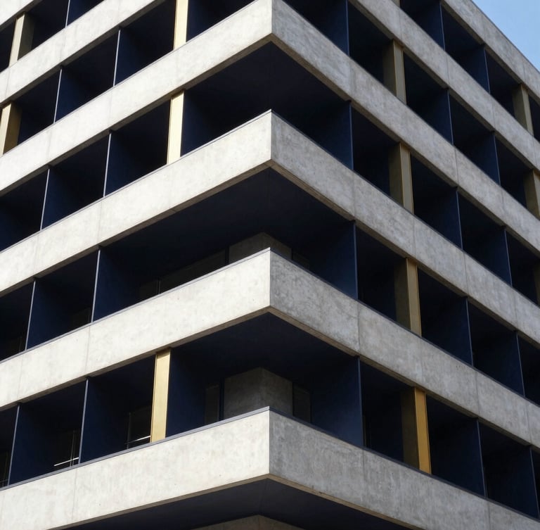 Wide architectural angle of a modern concrete and steel building facade, clean geometric lines, bright daylight, sharp contrast, deep navy shadows.