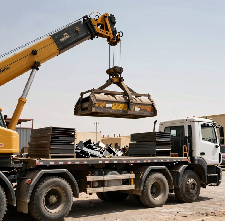 Heavy flatbed truck with a hydraulic crane loading scrap metal in an industrial yard in Jeddah, harsh bright desert sunlight, high-contrast metallic textures, deep shadows, 35mm lens
