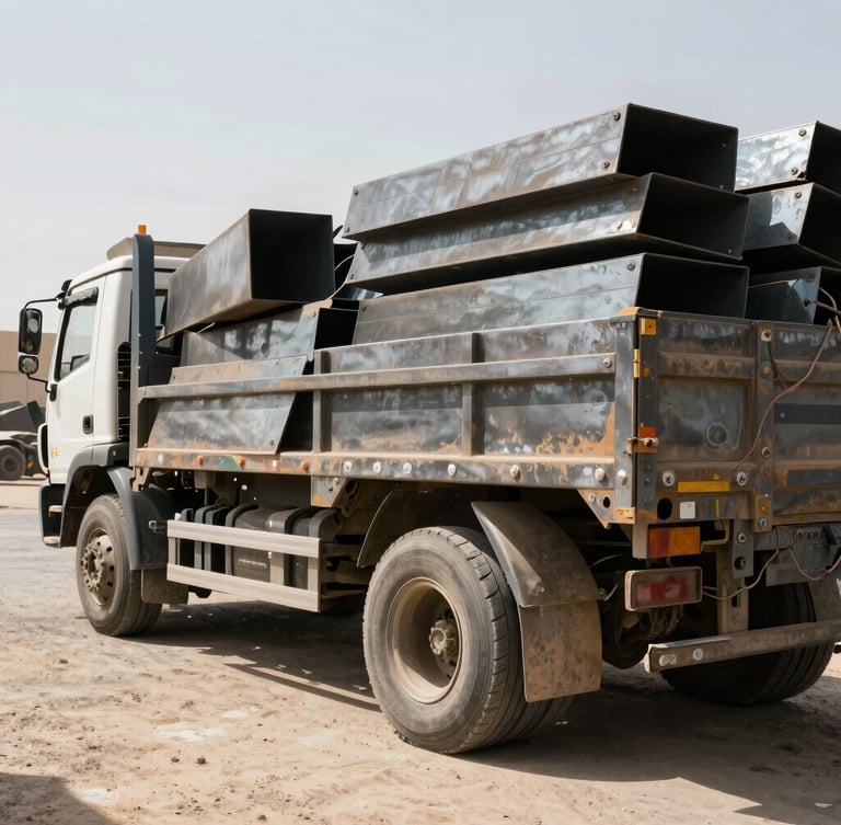 heavy flatbed truck loaded with scrap metal in a dusty industrial yard in Jeddah, harsh bright desert sunlight, high-contrast metallic textures, deep shadows, 35mm lens