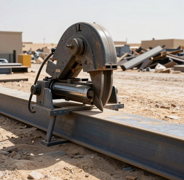 Heavy hydraulic shears cutting structural steel beams in a dusty industrial scrap yard in Jeddah under harsh desert sunlight, high-contrast metallic textures, 35mm lens