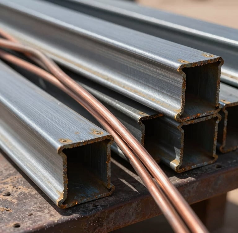 Close-up macro shot of thick copper cables and sheared structural steel beams stacked on a flatbed truck, high-contrast metallic textures under bright sunlight