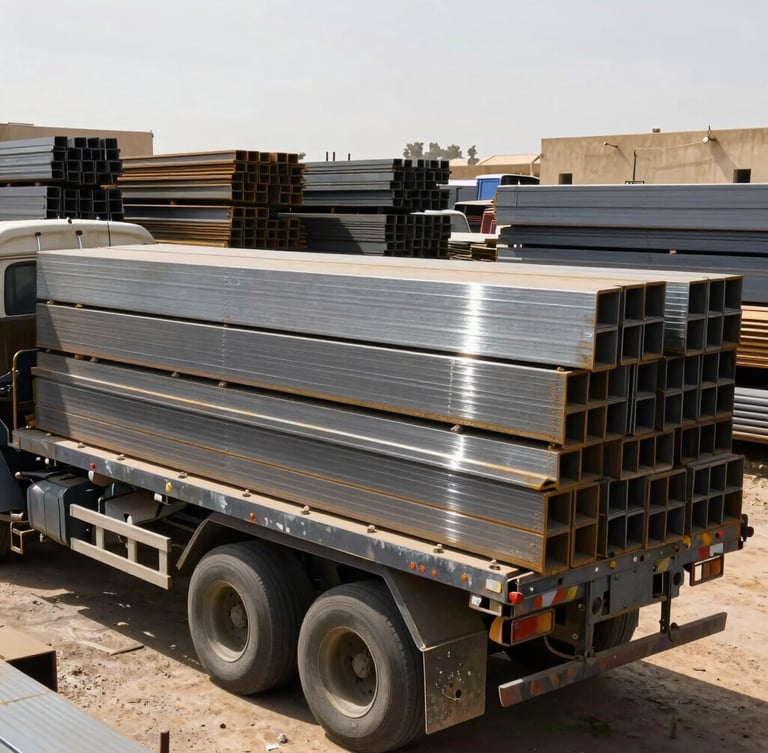 Heavy flatbed truck parked in an industrial scrap yard in Al-Khumrah Jeddah, bright harsh sunlight casting strong metallic glints on stacks of structural steel, industrial background, 35mm lens