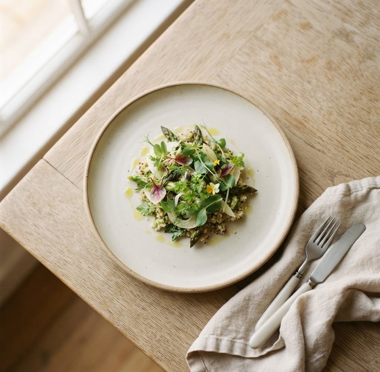 Overhead flat-lay of a minimalist Scandinavian-style ceramic plate with a single micro-green garnished dish, soft natural window light, muted tones, shallow depth of field, 35mm film.