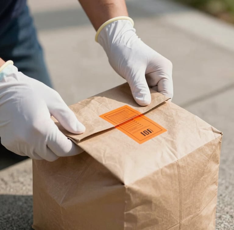 A close-up of a courier's gloved hands sealing a clean, secure paper delivery bag with a safety-orange brand sticker, bright natural daylight on a concrete surface.