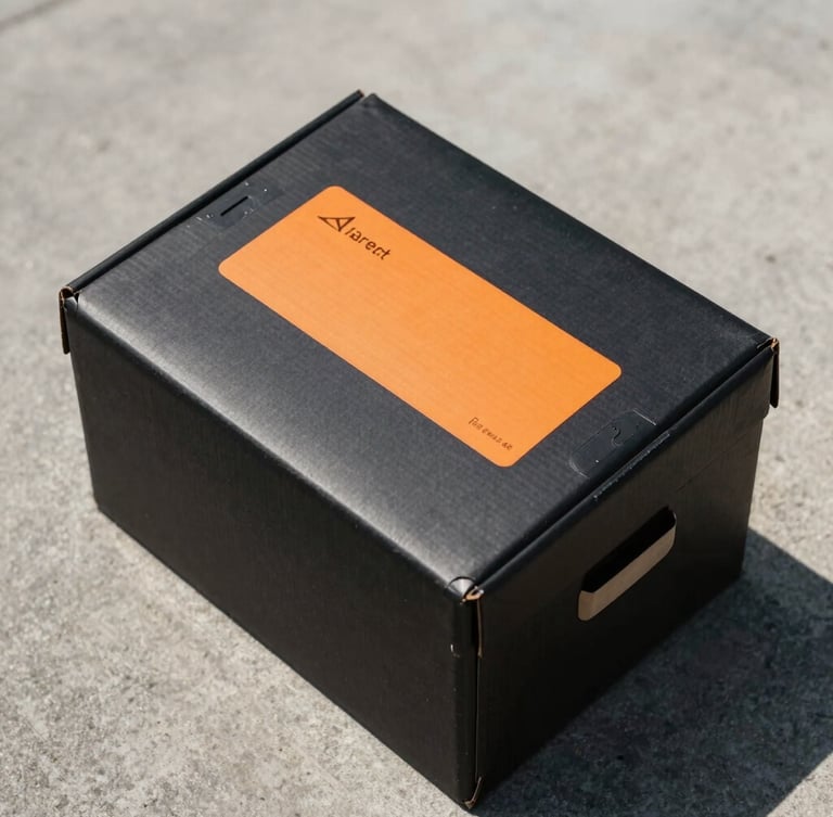 A top-down view of a sealed, matte-black delivery box with a clean orange transit label on a concrete surface, bright daylight, sharp shadows.