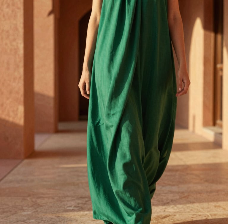 Close-up of emerald green fabric drape on a woman walking through a sunlit modern riad hallway, golden hour shadows, focusing on texture and movement.