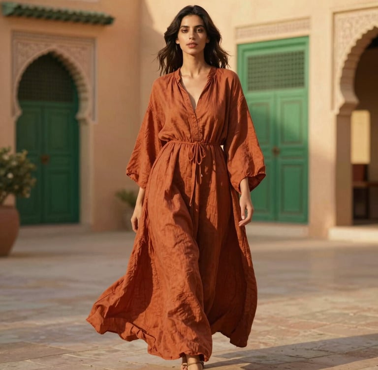A modern Moroccan woman wearing a flowing terracotta linen dress, standing in a sun-drenched courtyard of a Rabat riad, warm golden-hour light, soft shadows, medium-long shot, showing garment drape and movement, high-end editorial fashion photography style.