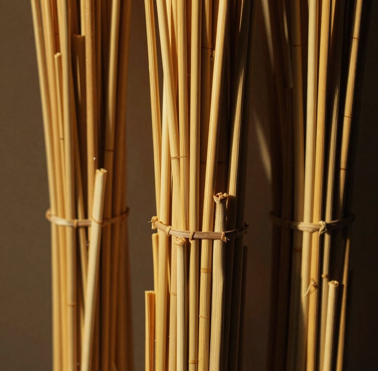 Close-up of golden sun-dried reeds bundled together, warm golden-hour light casting long dramatic shadows, rich straw texture, shallow depth of field