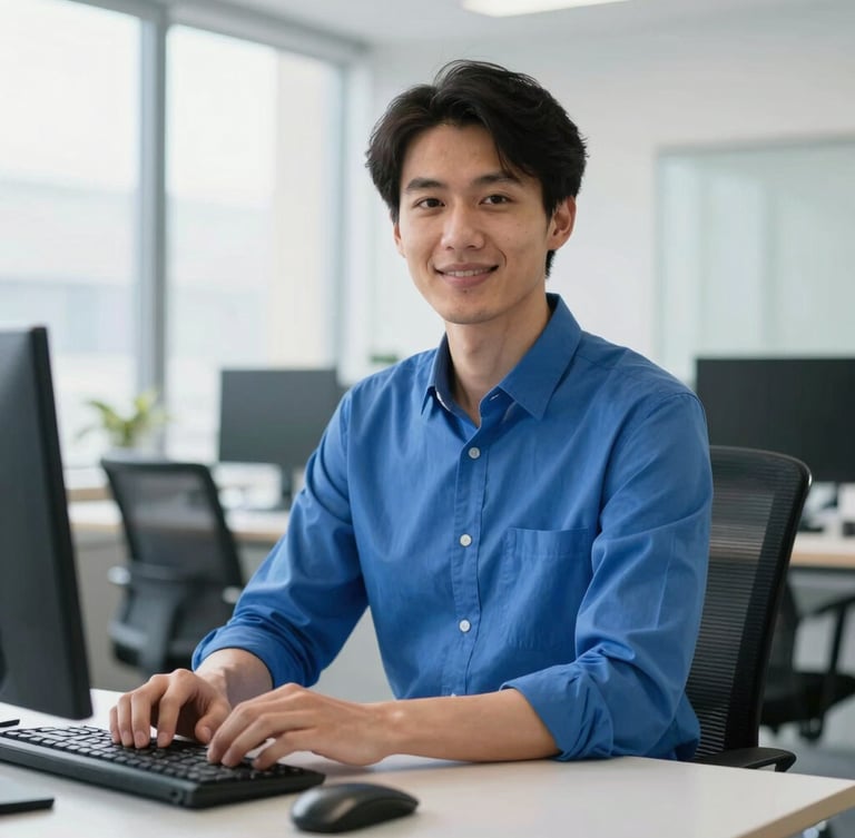 A professional close-up portrait of a technology consultant in a bright, clean office with cool slate and electric blue tones, natural daylight, sharp focus, 35mm.