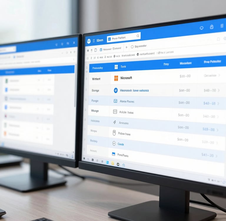 Macro shot of a dual-monitor setup showing clean data dashboards and Microsoft Power Platform workflows, cool daylight, sharp focus, 35mm.