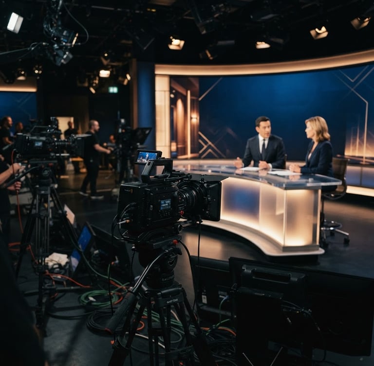 A high-end television studio setup, professional broadcast cameras in the foreground, warm golden key lights glowing on a dark blue background, cinematic editorial photography, 35mm lens