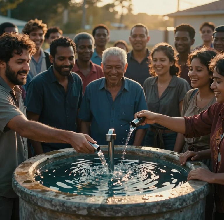 Cinematic environmental shot of a diverse community gathering around a newly built clean water well, golden-hour sunlight reflecting on water, hopeful faces, 35mm lens.