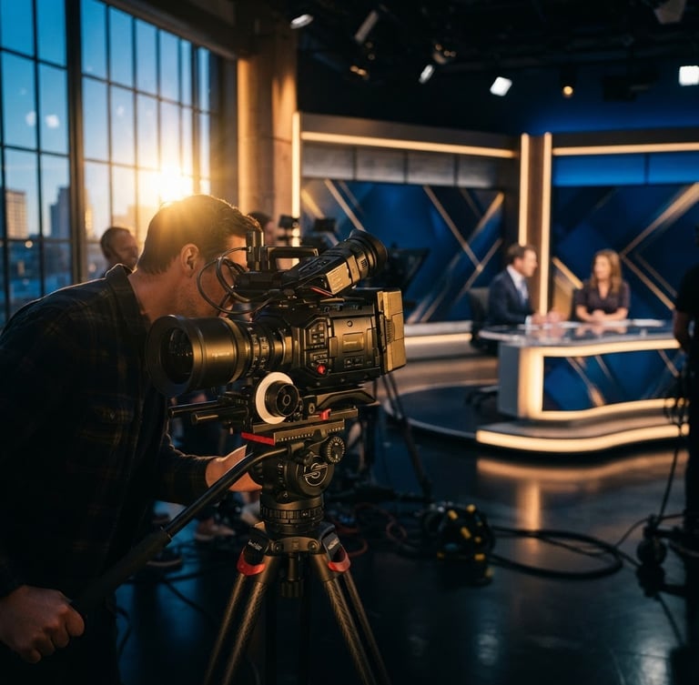 Cinematic editorial photography of a modern television studio setup with soft warm golden-hour light streaming through windows, professional cameras in foreground, deep rich blues.