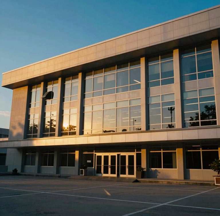 Cinematic wide shot of a modern television broadcast facility and humanitarian headquarters, warm golden hour sunlight reflecting off glass windows, 35mm lens
